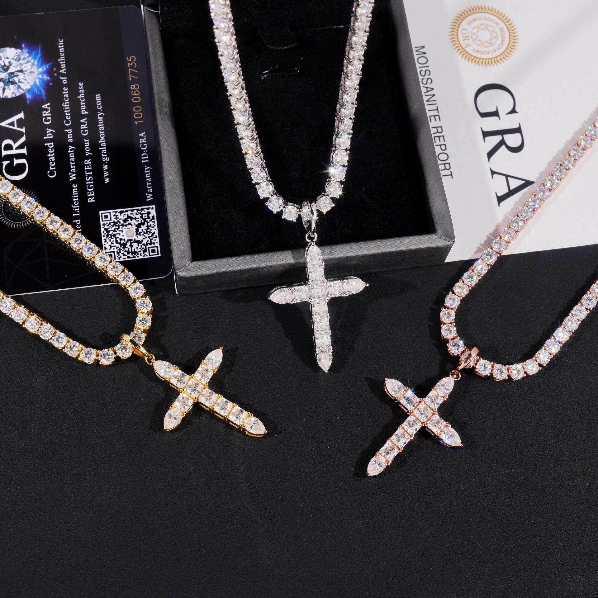 925 Silver Moissanite Hip-Hop Necklace – Ascher Cut Cross Pendant, Unique Hiphop Jewelry - CaratixJewelry